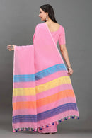 GULABI GULMOHAR | Pure Cotton | Indidha Saree -  Gulaabi Gulmohar - Pure Cotton Handloom Saree for Summer  Shop Gulaabi Gulmohar – a soft handloom cotton saree in pastel pink with colorful stripes. Lightweight, breathable & artisan-made. Perfect for summer days!