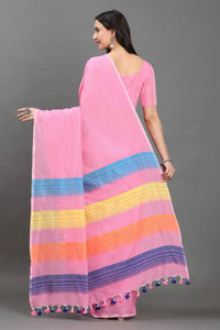 GULABI GULMOHAR | Pure Cotton | Indidha Saree -  Gulaabi Gulmohar - Pure Cotton Handloom Saree for Summer  Shop Gulaabi Gulmohar – a soft handloom cotton saree in pastel pink with colorful stripes. Lightweight, breathable & artisan-made. Perfect for summer days!