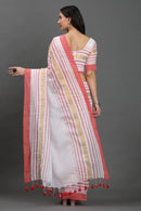 GULABI NOOR | Pure Cotton | Indidha Saree -  Gulaabi Noor - Blush Pink Handloom Cotton Saree | Indidha  Shop Gulaabi Noor – a pure cotton handloom saree with blush pink, gold, and white stripes. Soft, breezy, and elegant—perfect for summer wear. Only at Indidha.