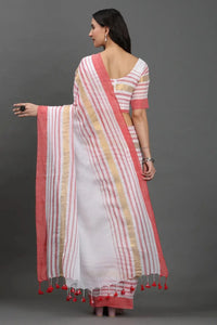GULABI NOOR | Pure Cotton | Indidha Saree -  Gulaabi Noor - Blush Pink Handloom Cotton Saree | Indidha  Shop Gulaabi Noor – a pure cotton handloom saree with blush pink, gold, and white stripes. Soft, breezy, and elegant—perfect for summer wear. Only at Indidha.