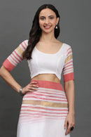 GULABI NOOR | Pure Cotton | Indidha Saree -  Gulaabi Noor - Blush Pink Handloom Cotton Saree | Indidha  Shop Gulaabi Noor – a pure cotton handloom saree with blush pink, gold, and white stripes. Soft, breezy, and elegant—perfect for summer wear. Only at Indidha.