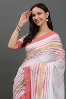 GULABI NOOR | Pure Cotton | Indidha Saree -  Gulaabi Noor - Blush Pink Handloom Cotton Saree | Indidha  Shop Gulaabi Noor – a pure cotton handloom saree with blush pink, gold, and white stripes. Soft, breezy, and elegant—perfect for summer wear. Only at Indidha.