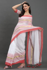GULABI NOOR | Pure Cotton | Indidha Saree -  Gulaabi Noor - Blush Pink Handloom Cotton Saree | Indidha  Shop Gulaabi Noor – a pure cotton handloom saree with blush pink, gold, and white stripes. Soft, breezy, and elegant—perfect for summer wear. Only at Indidha.