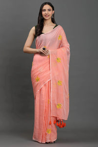 GULBAHAR | Mul Cotton | Indidha Saree -  Gulbahaar - Handloom Mul Cotton Peach Saree | Lightweight & Elegant Summer Drape  Discover Gulbahaar – a handloom mul cotton peach saree with delicate yellow embroidery. Lightweight, breathable, and perfect for effortless summer elegance. Shop now!