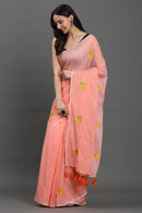 GULBAHAR | Mul Cotton | Indidha Saree -  Gulbahaar - Handloom Mul Cotton Peach Saree | Lightweight & Elegant Summer Drape  Discover Gulbahaar – a handloom mul cotton peach saree with delicate yellow embroidery. Lightweight, breathable, and perfect for effortless summer elegance. Shop now!