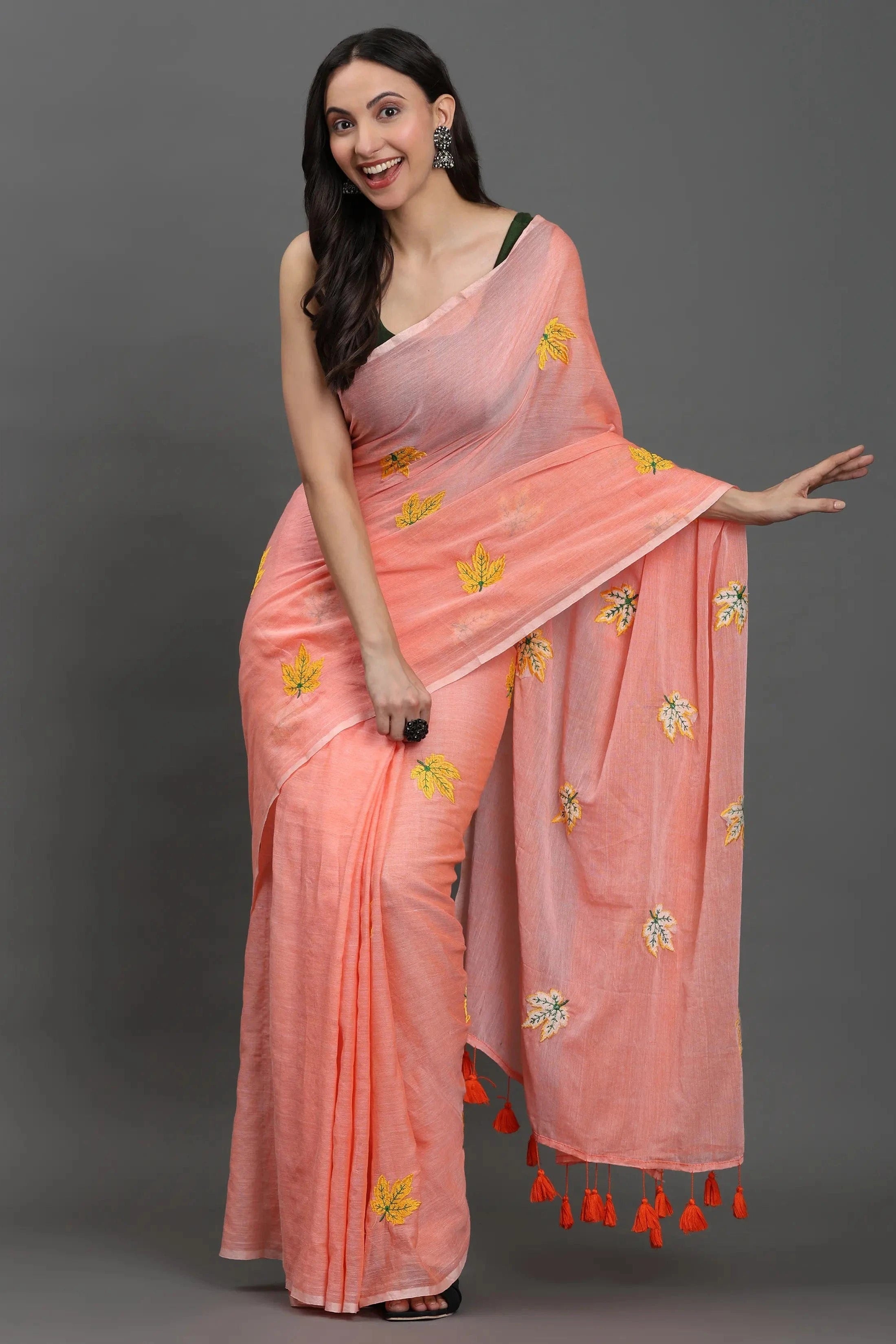 GULBAHAR | Mul Cotton | Indidha Saree -  Gulbahaar - Handloom Mul Cotton Peach Saree | Lightweight & Elegant Summer Drape  Discover Gulbahaar – a handloom mul cotton peach saree with delicate yellow embroidery. Lightweight, breathable, and perfect for effortless summer elegance. Shop now!