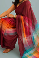 Gulnaar Prism | Mulmul Cotton | Indidha Saree -  Gulnaar Prism – Handloom Mul Cotton Saree with Multicolor Pallu | Ethical Fashion  Shop "Gulnaar Prism", a handloom mul cotton saree in wine with a rainbow checkered pallu. Lightweight, breathable, and ethically made for everyday elegance.