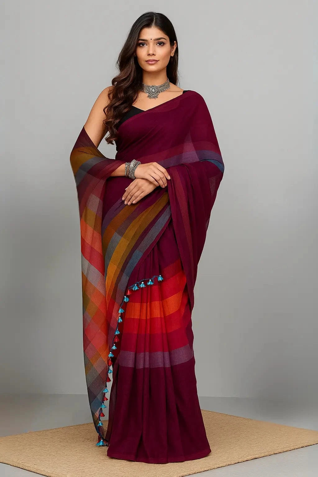 Gulnaar Prism | Mulmul Cotton | Indidha Saree -  Gulnaar Prism – Handloom Mul Cotton Saree with Multicolor Pallu | Ethical Fashion  Shop "Gulnaar Prism", a handloom mul cotton saree in wine with a rainbow checkered pallu. Lightweight, breathable, and ethically made for everyday elegance.