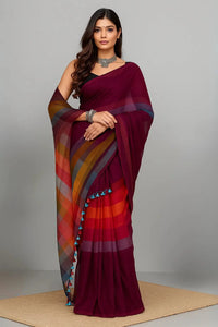 Gulnaar Prism | Mulmul Cotton | Indidha Saree -  Gulnaar Prism – Handloom Mul Cotton Saree with Multicolor Pallu | Ethical Fashion  Shop "Gulnaar Prism", a handloom mul cotton saree in wine with a rainbow checkered pallu. Lightweight, breathable, and ethically made for everyday elegance.