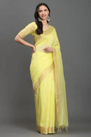 HALDI HAZE | Kota Linen | Indidha Saree -  Handloom Yellow Kota Linen Saree with Zari Border | Indidha  Shop breathable and elegant handloom Kota linen saree in soft yellow with golden zari. Perfect for festive wear. Lightweight. Timeless. Graceful.