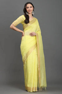 HALDI HAZE | Kota Linen | Indidha Saree -  Handloom Yellow Kota Linen Saree with Zari Border | Indidha  Shop breathable and elegant handloom Kota linen saree in soft yellow with golden zari. Perfect for festive wear. Lightweight. Timeless. Graceful.