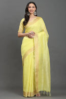 HALDI HAZE | Kota Linen | Indidha Saree -  Handloom Yellow Kota Linen Saree with Zari Border | Indidha  Shop breathable and elegant handloom Kota linen saree in soft yellow with golden zari. Perfect for festive wear. Lightweight. Timeless. Graceful.