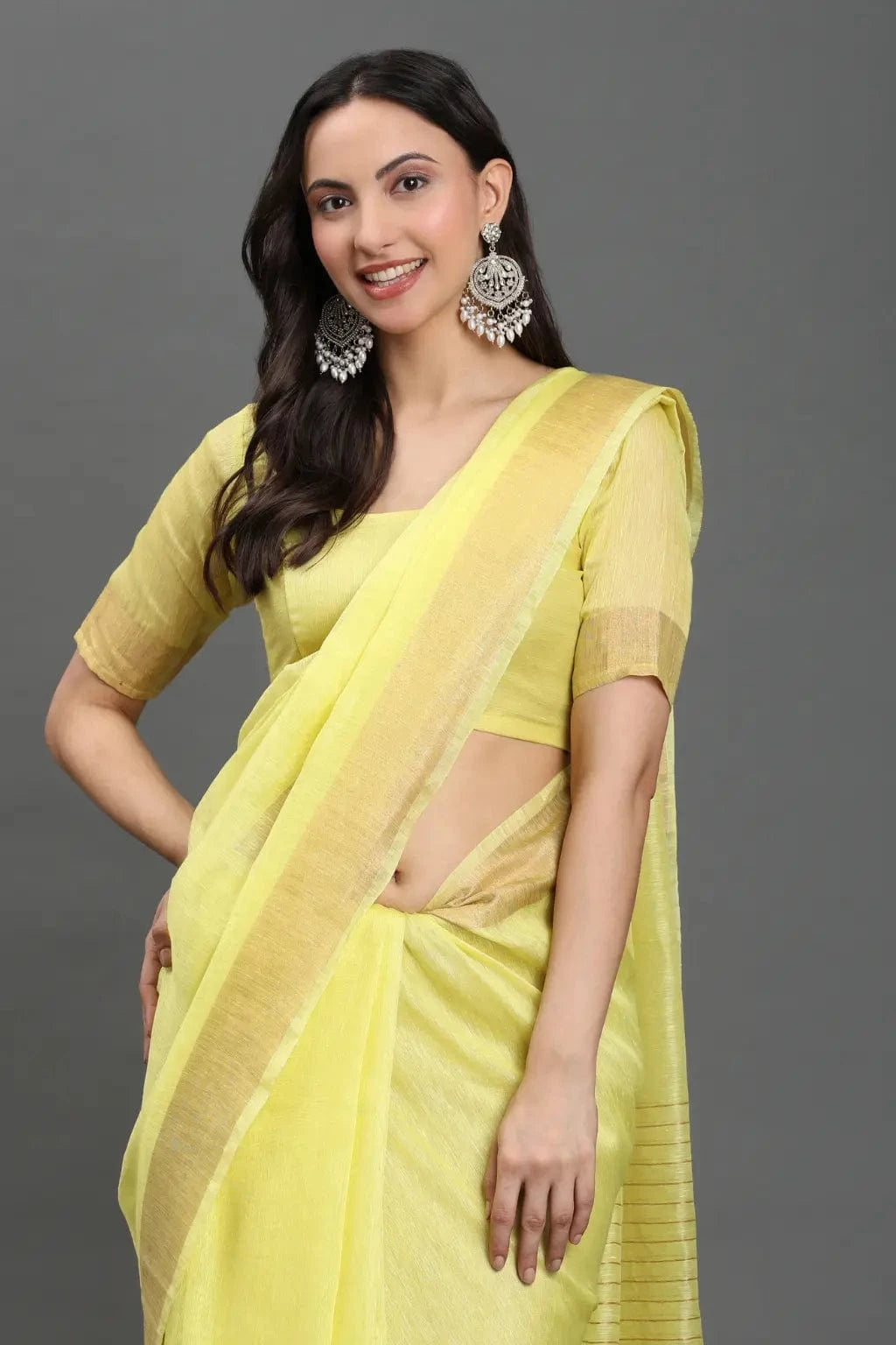 HALDI HAZE | Kota Linen | Indidha Saree -  Handloom Yellow Kota Linen Saree with Zari Border | Indidha  Shop breathable and elegant handloom Kota linen saree in soft yellow with golden zari. Perfect for festive wear. Lightweight. Timeless. Graceful.