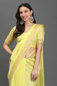 HALDI HAZE | Kota Linen | Indidha Saree -  Handloom Yellow Kota Linen Saree with Zari Border | Indidha  Shop breathable and elegant handloom Kota linen saree in soft yellow with golden zari. Perfect for festive wear. Lightweight. Timeless. Graceful.