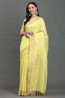 HALDI HAZE | Kota Linen | Indidha Saree -  Handloom Yellow Kota Linen Saree with Zari Border | Indidha  Shop breathable and elegant handloom Kota linen saree in soft yellow with golden zari. Perfect for festive wear. Lightweight. Timeless. Graceful.