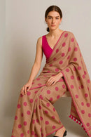 KOMAL TARA | Mul Cotton | Indidha Saree -  Komal Tara – Handloom Mul Cotton Saree in Soft Beige with Soft Pink  Polka Dots & Tassels  Shop Komal Tara – a soft handloom mul cotton saree in beige with pink polka dots, tassels, and timeless charm. Light, breathable & perfect for casual elegance.