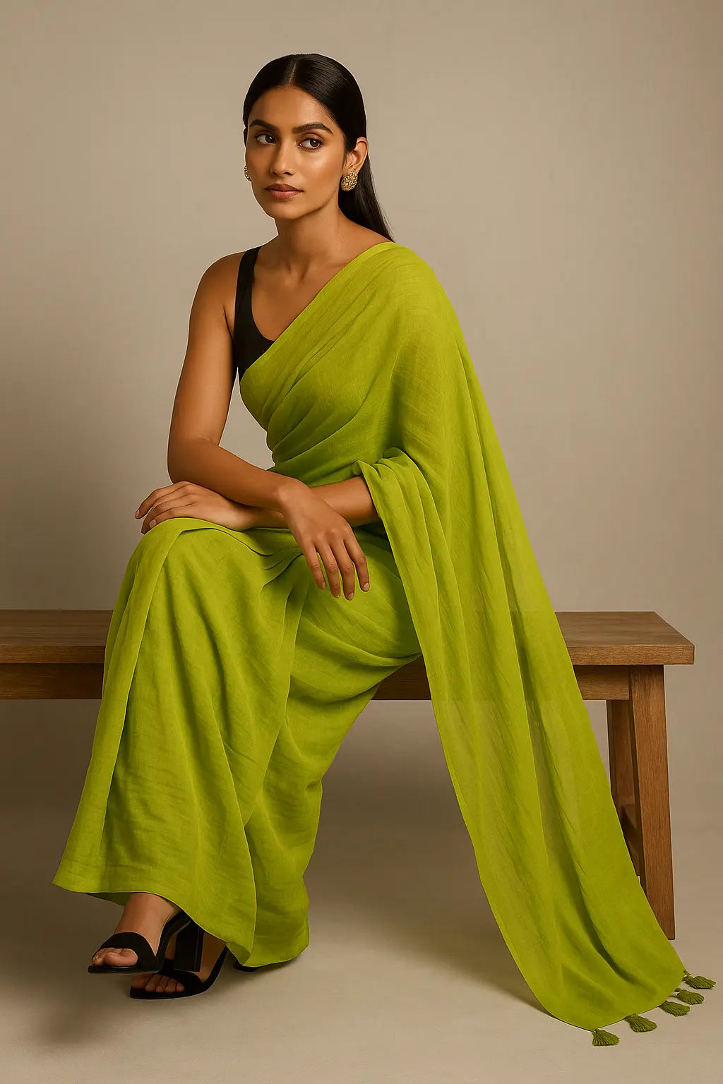 Lime Ember | Handloom Mul Cotton Saree | Indidha Saree