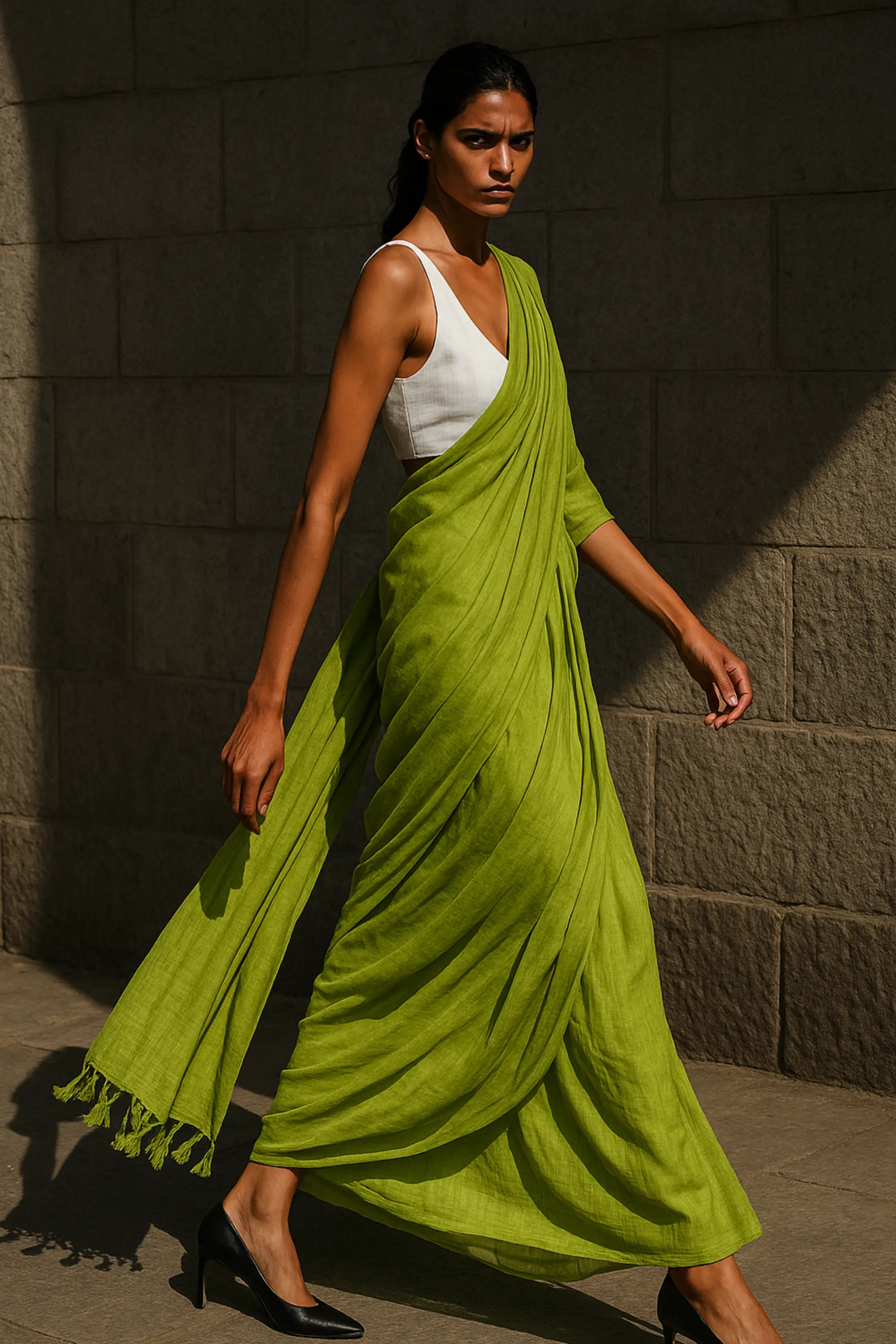 Lime Ember | Handloom Mul Cotton Saree | Indidha Saree