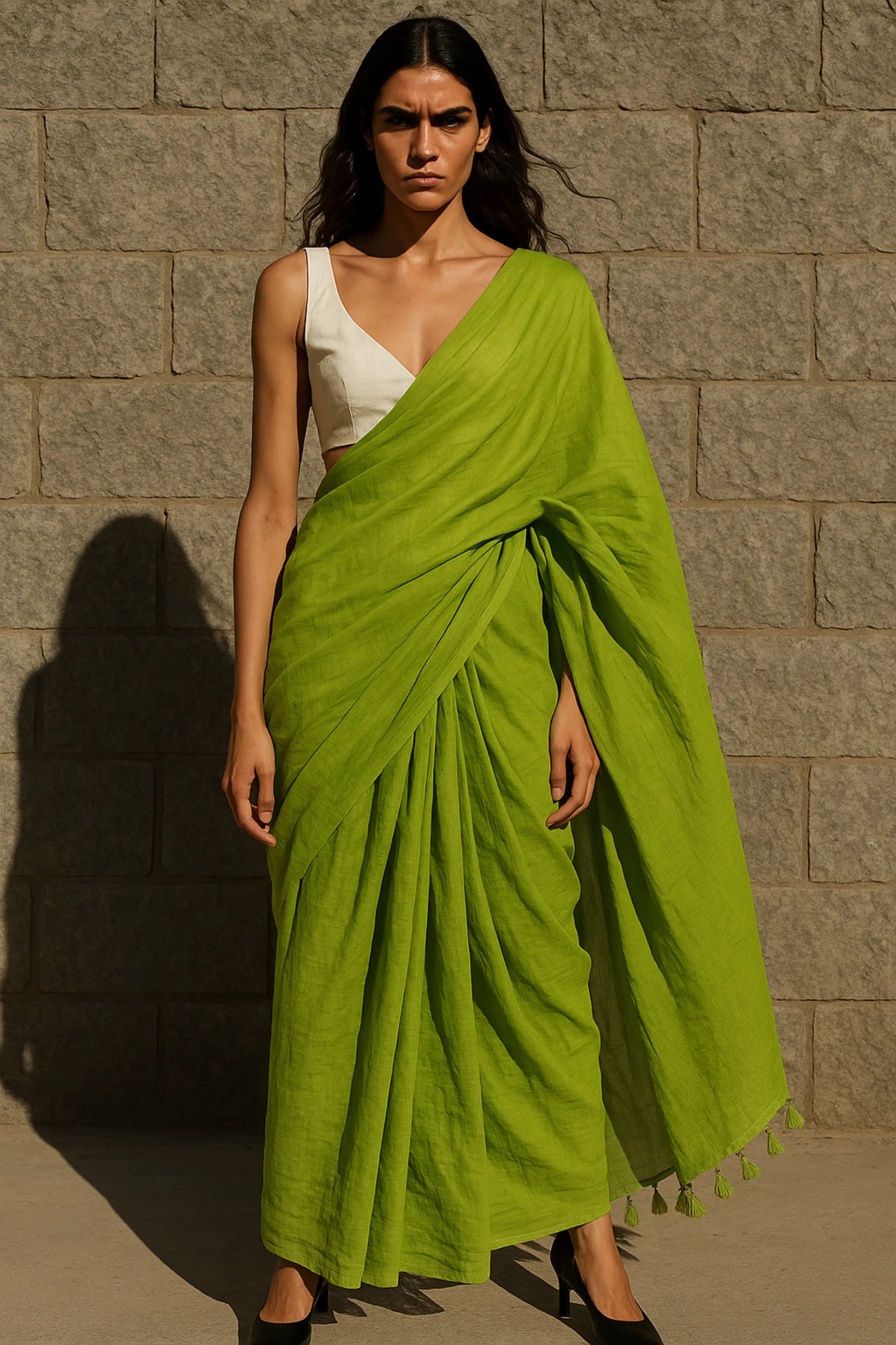 Lime Ember | Handloom Mul Cotton Saree | Indidha Saree