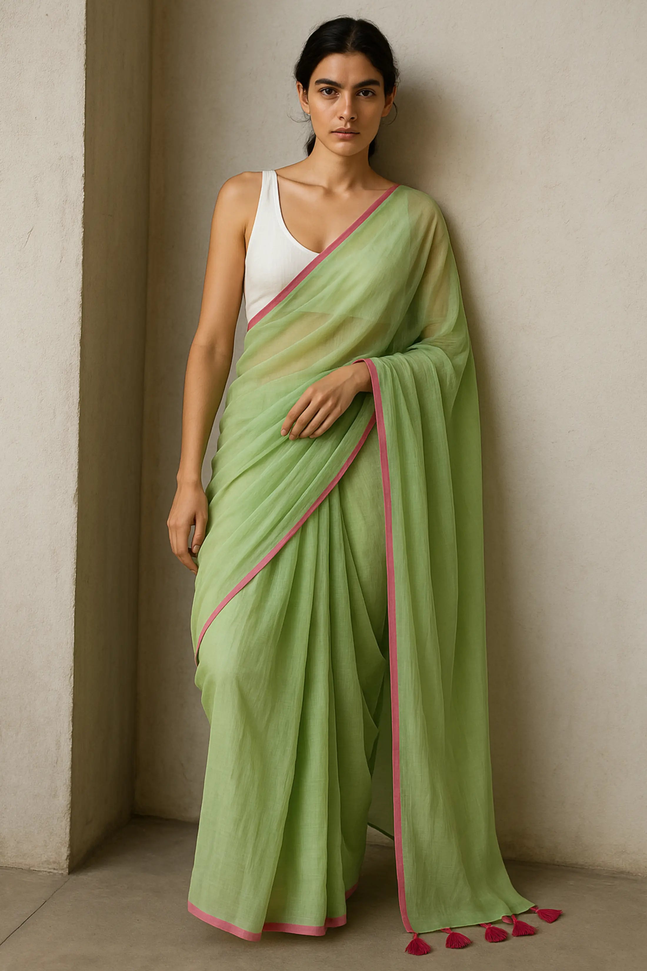 Lime Whisper | Handloom Mul Cotton | Indidha Saree