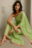 Lime Whisper | Handloom Mul Cotton | Indidha Saree -  Lime Green Handloom Mul Cotton Saree with Pink Border – Lightweight Summer Saree  Shop the Lime Whisper saree, a handcrafted handloom mul cotton saree in lime green with a rose-pink border and tassels. It is ultra-light, breathable, and the blouse is not included.