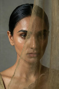 Woman with dark hair and makeup, partially obscured by a sheer saree.
