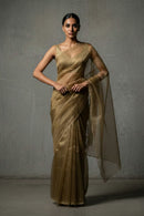 Woman wearing a gold saree against a gray background