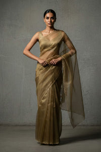 Woman wearing a gold saree against a gray background
