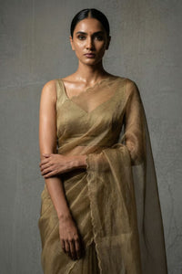 Woman wearing a gold saree against a gray background