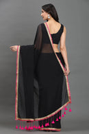 MIDNIGHT GULABO | Mul cotton | Indidha Saree -  Black Handloom Mul Cotton Saree with Pink Border – Lightweight & Elegant | Indidha  Shop the stunning black handloom mul cotton saree with pink scallop border and golden zari. Lightweight, breathable, and perfect for effortless festive styling.