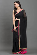 MIDNIGHT GULABO | Mul cotton | Indidha Saree -  Black Handloom Mul Cotton Saree with Pink Border – Lightweight & Elegant | Indidha  Shop the stunning black handloom mul cotton saree with pink scallop border and golden zari. Lightweight, breathable, and perfect for effortless festive styling.