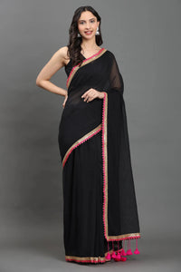 MIDNIGHT GULABO | Mul cotton | Indidha Saree -  Black Handloom Mul Cotton Saree with Pink Border – Lightweight & Elegant | Indidha  Shop the stunning black handloom mul cotton saree with pink scallop border and golden zari. Lightweight, breathable, and perfect for effortless festive styling.