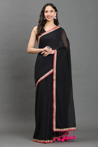 MIDNIGHT GULABO | Mul cotton | Indidha Saree -  Black Handloom Mul Cotton Saree with Pink Border – Lightweight & Elegant | Indidha  Shop the stunning black handloom mul cotton saree with pink scallop border and golden zari. Lightweight, breathable, and perfect for effortless festive styling.