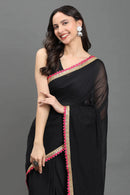MIDNIGHT GULABO | Mul cotton | Indidha Saree -  Black Handloom Mul Cotton Saree with Pink Border – Lightweight & Elegant | Indidha  Shop the stunning black handloom mul cotton saree with pink scallop border and golden zari. Lightweight, breathable, and perfect for effortless festive styling.