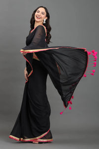 MIDNIGHT GULABO | Mul cotton | Indidha Saree -  Black Handloom Mul Cotton Saree with Pink Border – Lightweight & Elegant | Indidha  Shop the stunning black handloom mul cotton saree with pink scallop border and golden zari. Lightweight, breathable, and perfect for effortless festive styling.