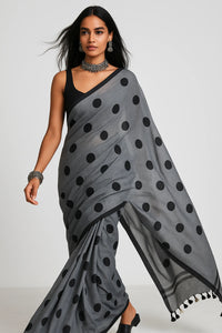 MONOCHROME MAGIC | Mul Cotton | Indidha Saree -  Minimalist Grey Saree with Black Polka Dots  This mul cotton saree in soft grey with playful black polka dots combines comfort with timeless style. It is perfect for effortless everyday wear.