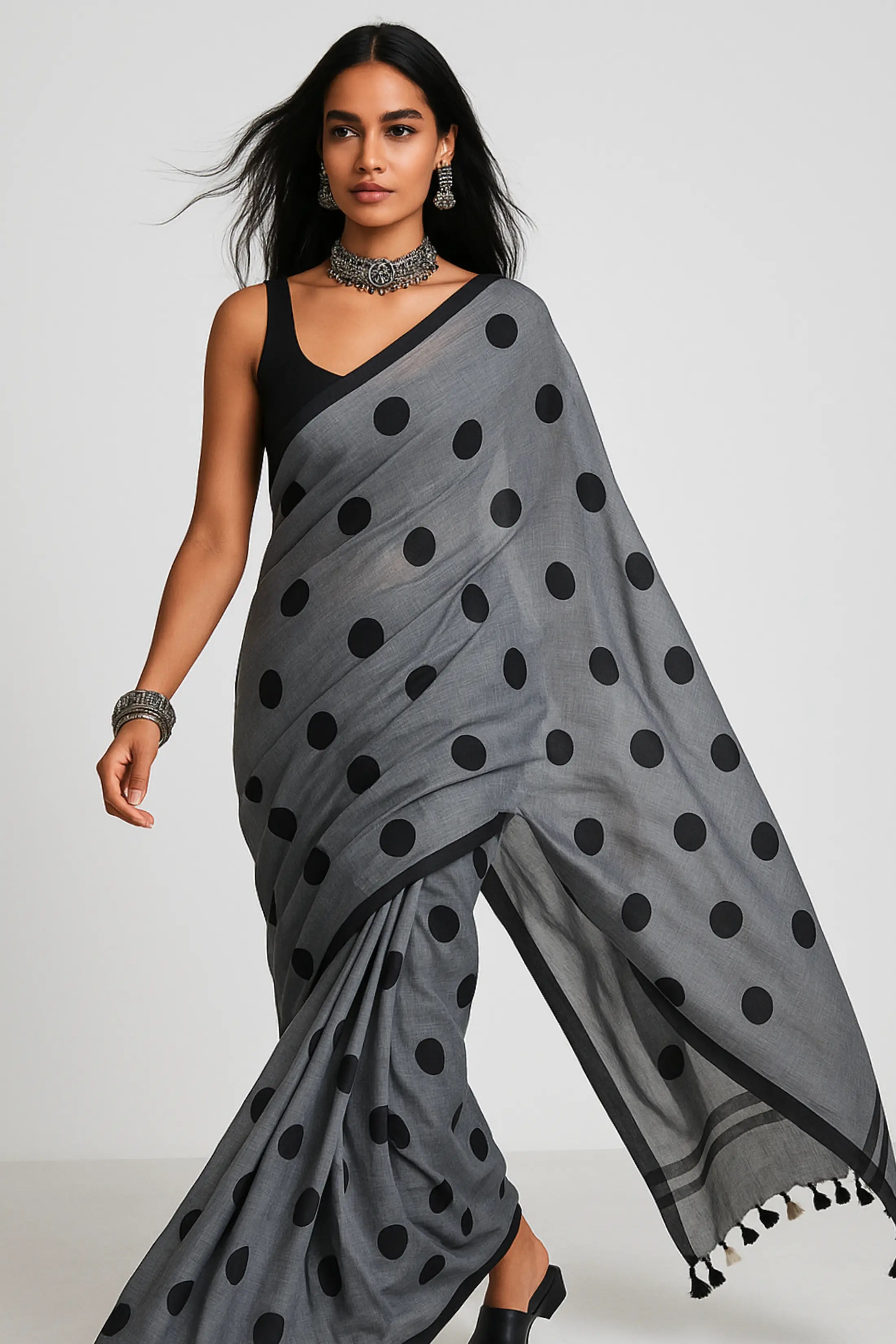 MONOCHROME MAGIC | Mul Cotton | Indidha Saree -  Minimalist Grey Saree with Black Polka Dots  This mul cotton saree in soft grey with playful black polka dots combines comfort with timeless style. It is perfect for effortless everyday wear.