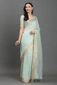 MOONMINT MUSE | Kota Linen | Indidha Saree -  Pastel Mint Handloom Kota Linen Saree with Zari Border  Drape grace in our pastel mint Kota linen saree with a golden zari border. Lightweight, breathable, and handwoven for effortless elegance.