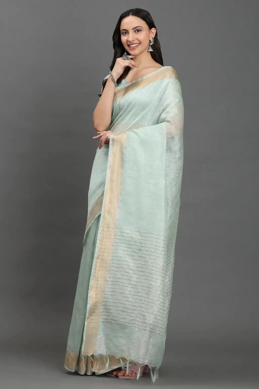 MOONMINT MUSE | Kota Linen | Indidha Saree -  Pastel Mint Handloom Kota Linen Saree with Zari Border  Drape grace in our pastel mint Kota linen saree with a golden zari border. Lightweight, breathable, and handwoven for effortless elegance.