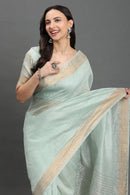 MOONMINT MUSE | Kota Linen | Indidha Saree -  Pastel Mint Handloom Kota Linen Saree with Zari Border  Drape grace in our pastel mint Kota linen saree with a golden zari border. Lightweight, breathable, and handwoven for effortless elegance.