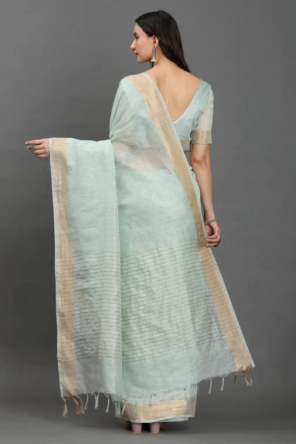 MOONMINT MUSE | Kota Linen | Indidha Saree -  Pastel Mint Handloom Kota Linen Saree with Zari Border  Drape grace in our pastel mint Kota linen saree with a golden zari border. Lightweight, breathable, and handwoven for effortless elegance.