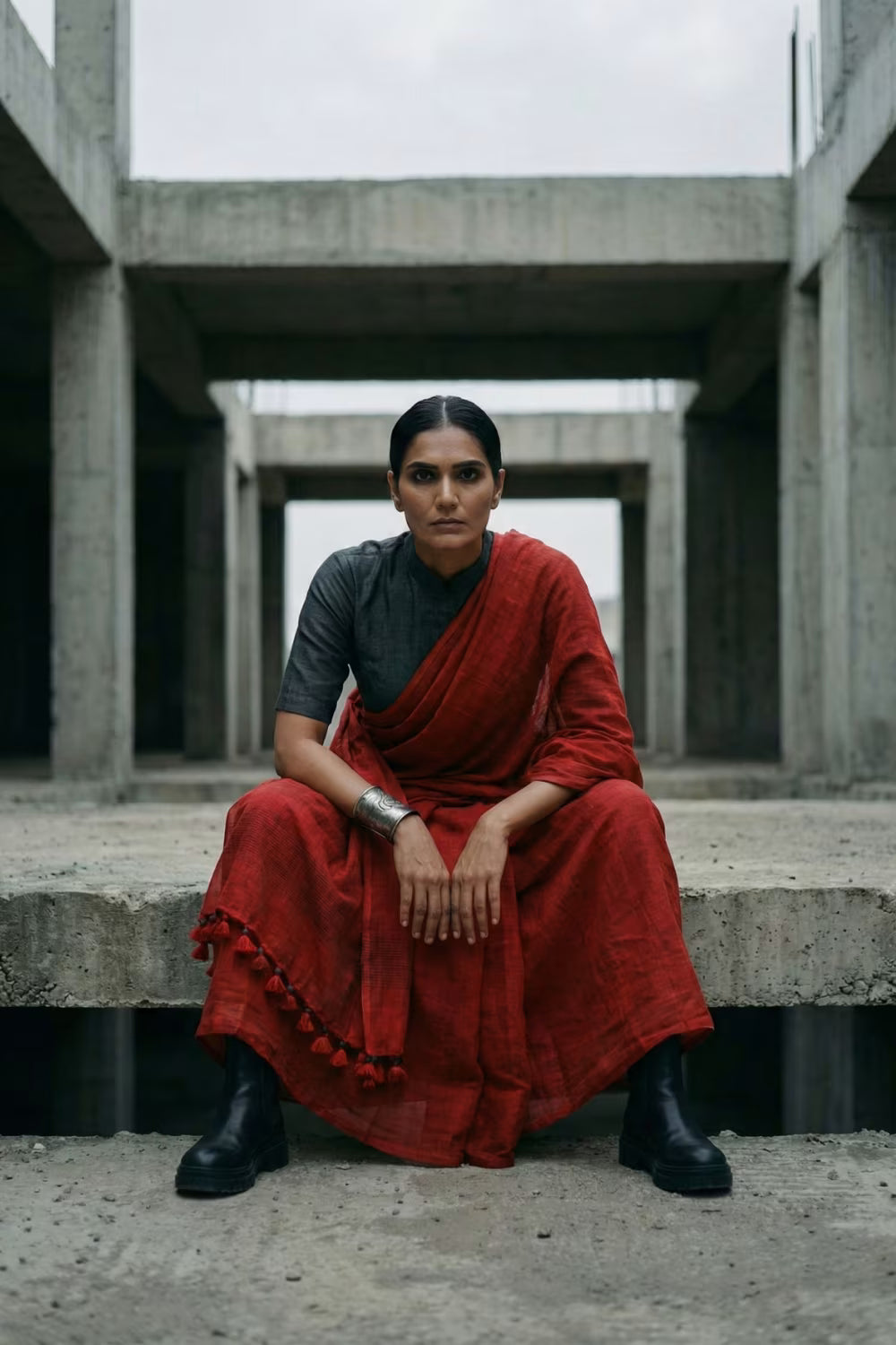 Woman in a red saree sitting on concrete steps with a modern architectural background