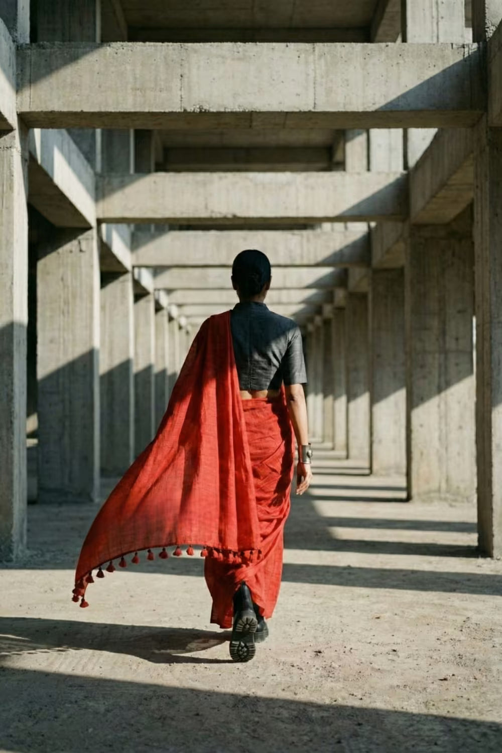 Person in a red saree walking through a concrete architectural structure