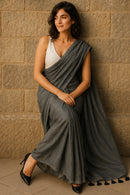 Midnight Whisper | Handloom Mul Cotton | Indidha Saree -  Midnight Whisper – Handloom Mul Cotton Saree | Breathable & Elegant  Shop Midnight Whisper, a handloom mul cotton saree in deep charcoal grey. It is lightweight, breathable, and finished with delicate tassels. 
