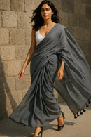 Midnight Whisper | Handloom Mul Cotton | Indidha Saree -  Midnight Whisper – Handloom Mul Cotton Saree | Breathable & Elegant  Shop Midnight Whisper, a handloom mul cotton saree in deep charcoal grey. It is lightweight, breathable, and finished with delicate tassels. 