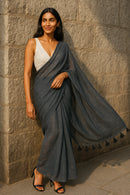 Midnight Whisper | Handloom Mul Cotton | Indidha Saree -  Midnight Whisper – Handloom Mul Cotton Saree | Breathable & Elegant  Shop Midnight Whisper, a handloom mul cotton saree in deep charcoal grey. It is lightweight, breathable, and finished with delicate tassels. 