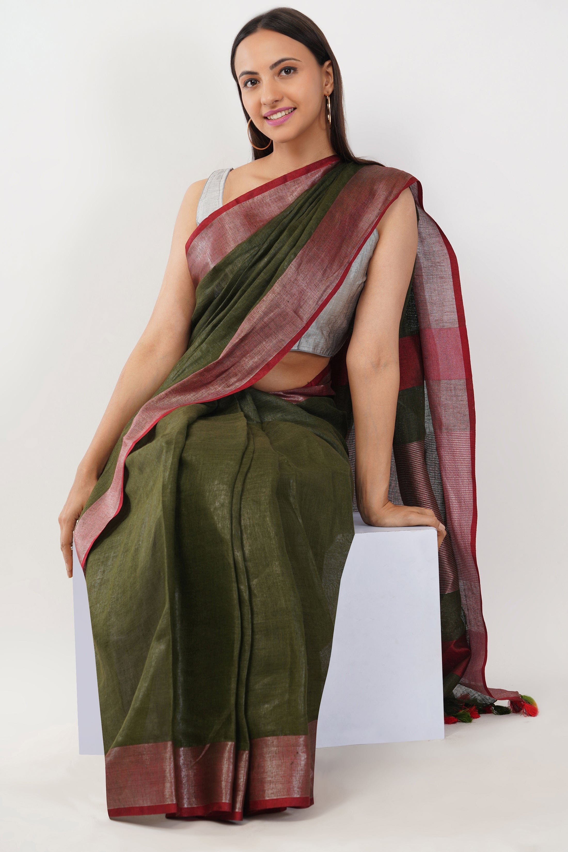 National Handloom, BGP Saree OLIVE HARVEST | Linen by Linen | Indidha Saree