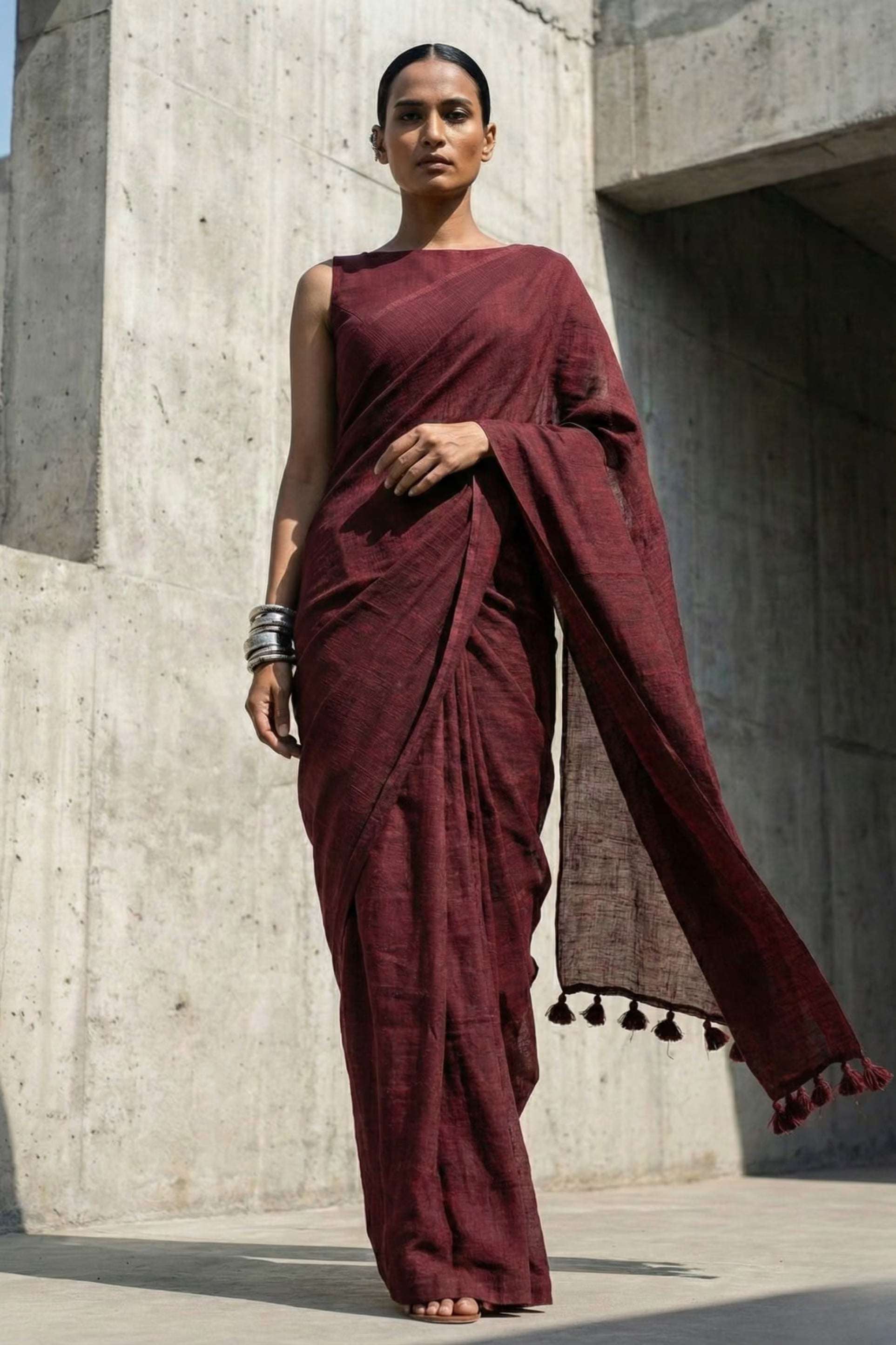 Woman in a maroon saree standing against a concrete wall.