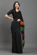 RangRaagini | Pure Cotton | Indidha Saree -  Black Handloom Cotton Saree with Multicolor Pallu | Indidha  Shop this elegant black handloom cotton saree with vibrant multicolor pallu. Soft, breathable, and artisan-made. Perfect for every mood & moment.