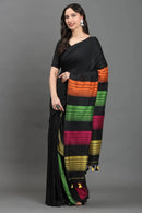 RangRaagini | Pure Cotton | Indidha Saree -  Black Handloom Cotton Saree with Multicolor Pallu | Indidha  Shop this elegant black handloom cotton saree with vibrant multicolor pallu. Soft, breathable, and artisan-made. Perfect for every mood & moment.